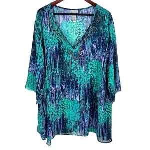 Catherines Plus Size 4X 30/32W Sheer Tropical Beach Cover Up Blouse Shirt Top